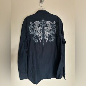 Apt. 9 Black Casual Button Down Shirt with White Design